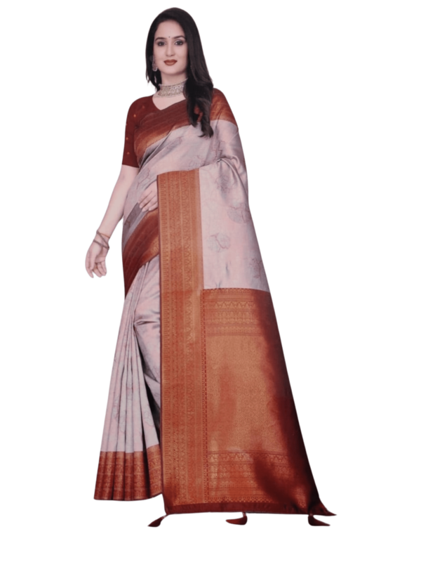 Noval Benarasi Grey Saree with Maroon border