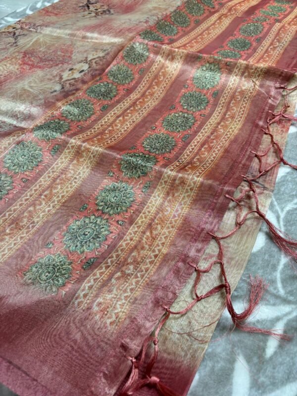 Fancy Digital Print Sandy Brown Tissue Saree with Rich look pallu with tassels