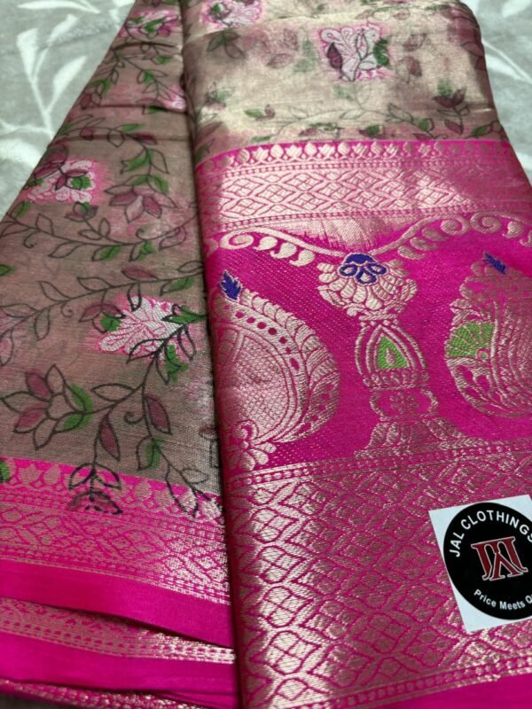 Image 2024-07-18 at 18.10.27 (6) Pink Gayatri Silk with Peacock & Flower Saree, Woven with Zari