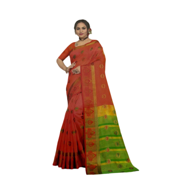 model wearing Orange Cotton Zari Woven Saree with Heavy Border
