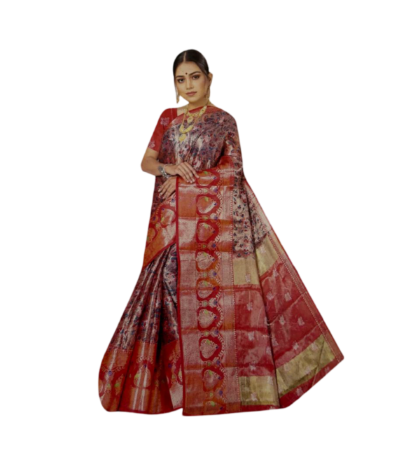 model wearing Red Gayatri Silk with Peacock & Flower Saree, Woven with Zari border
