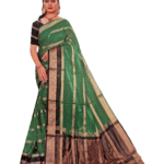 Model Wearing Organza Sequence Work Green Saree with Zari Border