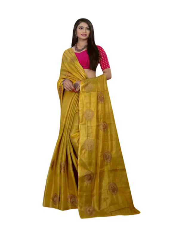 Image 2024-07-25 at 19.36.26 (6) Model wearing Yellow Pattu Silk Saree with Intricate Peacock Embroidery