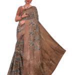 Model wearing Dola Silk Floral foil print with silver zari border