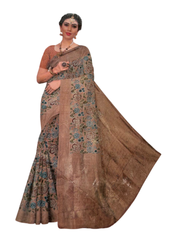 Image 2024-07-25 at 19.36.27 (10) Model wearing Dola Silk Floral foil print with silver zari border