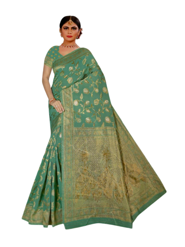 Image 2024-07-25 at 19.36.27 (7) Model wearing Banarasi Silk light Blue Saree with Zari border