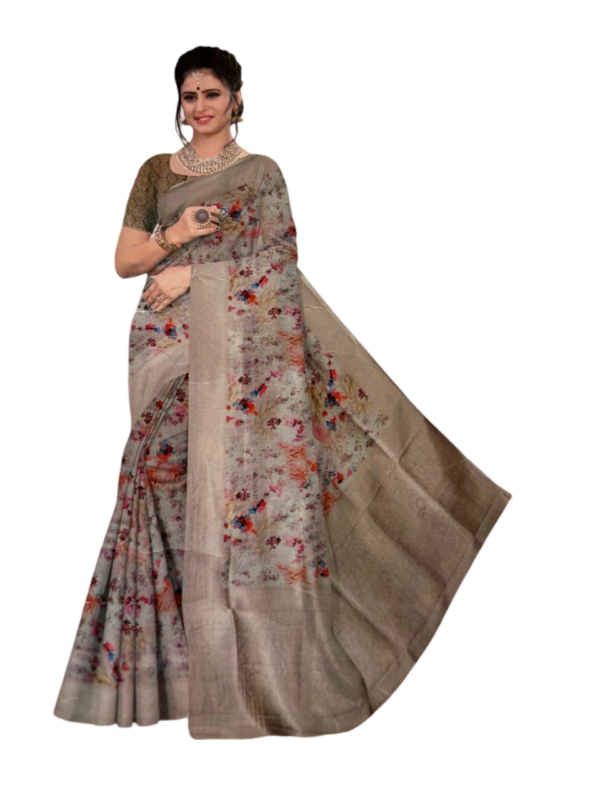 Image 2024-07-25 at 19.36.27 (9) Model wearing Dola Silk Saree with Gold-Silver Zari