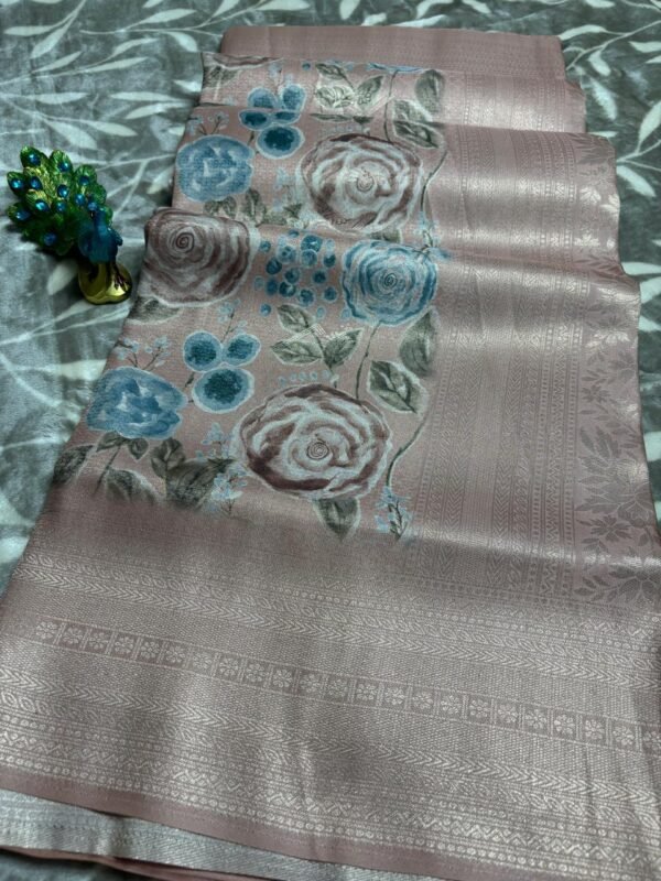 Dola Silk Floral foil print with silver zari border Top view