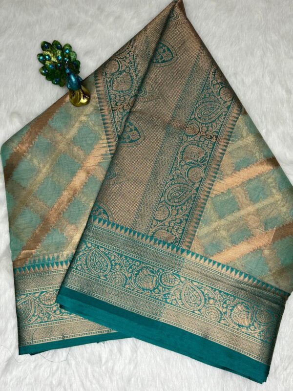 Organza Tissue dark Green Saree with Contrast Zari Border top view