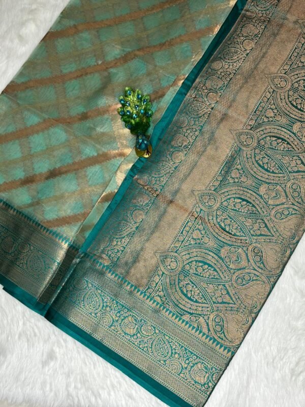 Organza Tissue dark Green Saree with Contrast Zari Border pallu