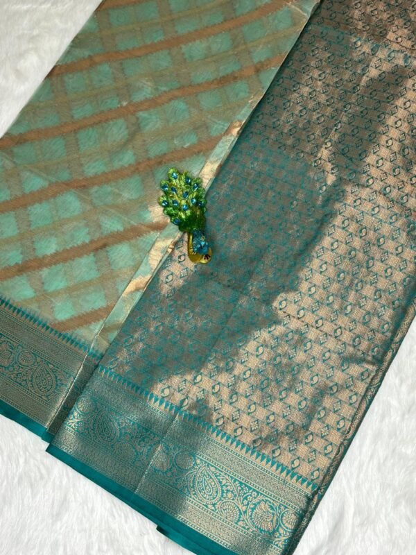 Organza Tissue dark Green Saree with Contrast Zari Border with Blouse