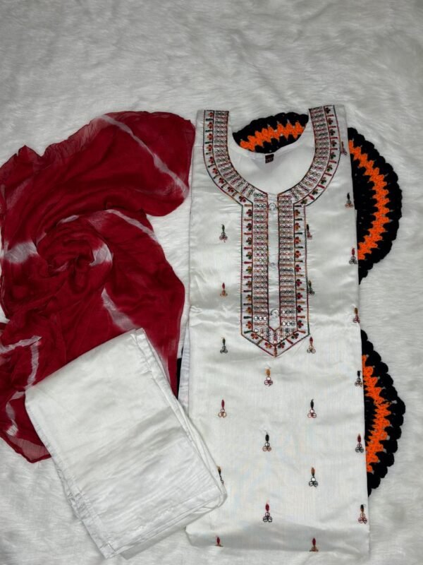 roman silk with inner cotton chikankari multi thread embrodiery sequence work top view