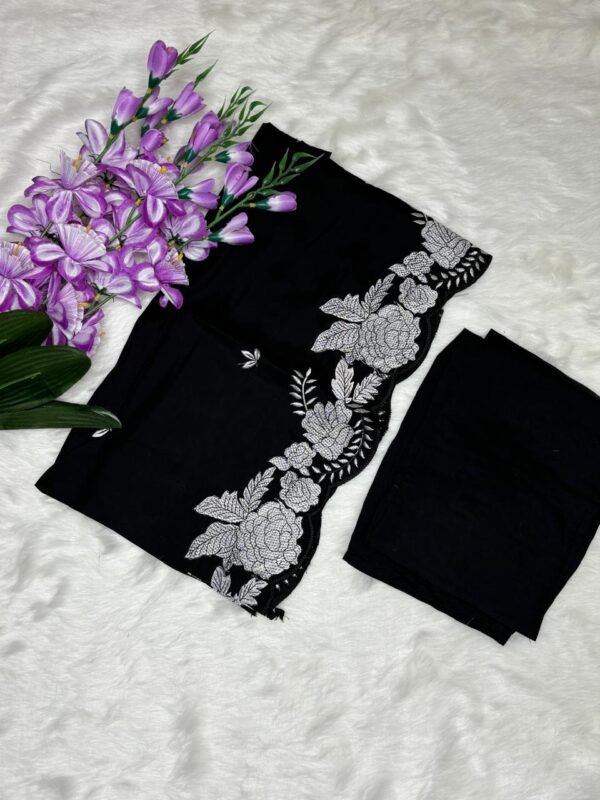 Roman silk chikankari A-line kurti showing pant and duppata