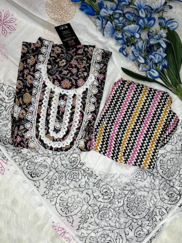 jaipuri cotton black digital print and lace patterns and duppata with pom pom lace showing bottom and duppata