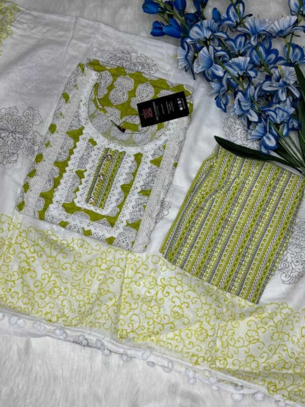 jaipuri cotton green digital print and lace patterns and duppata with pom pom lace showing bottom and duppata