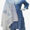 model wearing Jaipuri blue cotton Beautiful chemical lace pattern and block printed