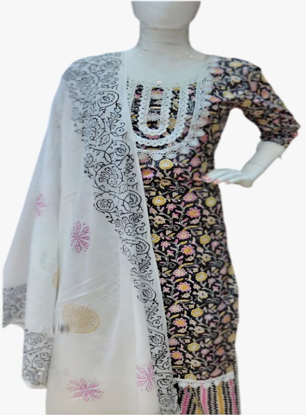 Image 2024-08-03 at 08.06.59 (2) Model wearing jaipuri cotton black digital print and lace patterns and duppata with pom pom lace