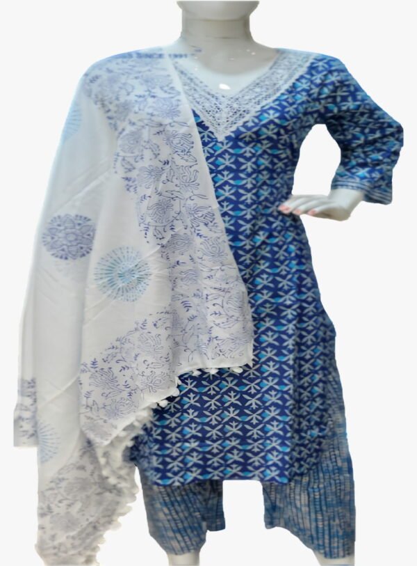 Image 2024-08-03 at 08.06.59 model wearing Jaipuri blue cotton Beautiful chemical lace pattern and block printed