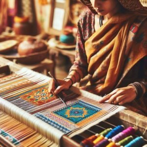 About us An image showing a designer or artisan carefully selecting high-quality fabrics