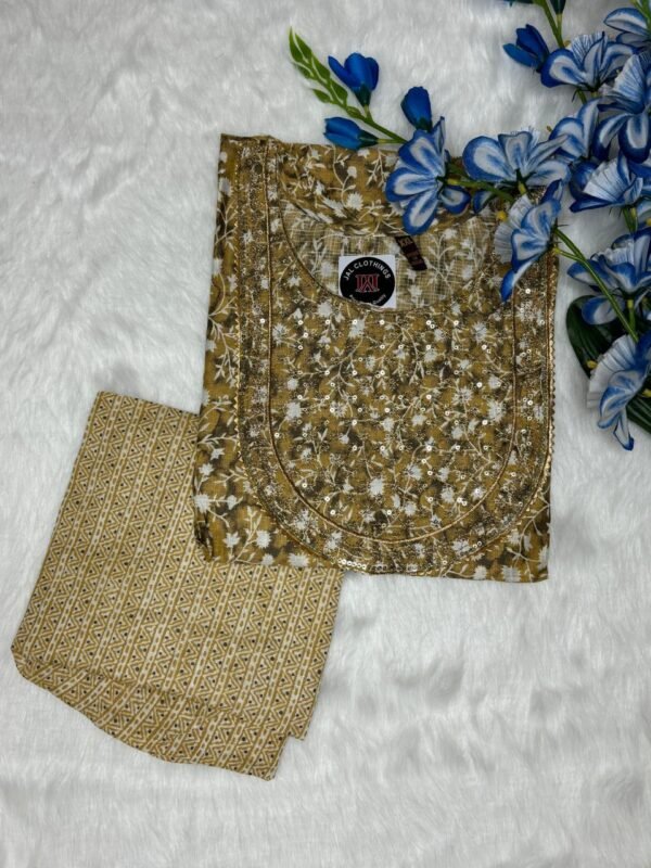 Cotton Kurti with Foil Print & Embroidered Sequence Work -yellow kurti with bottom