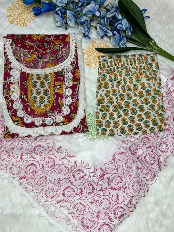 Jaipuri Cotton Kurti with Digital Print & Pom Pom Lace Dupatta-Bottom and dupatta