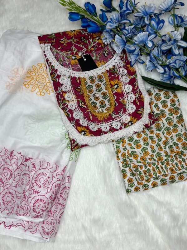 Jaipuri Cotton Kurti with Digital Print & Pom Pom Lace Dupatta-Bottom and dupatta top view