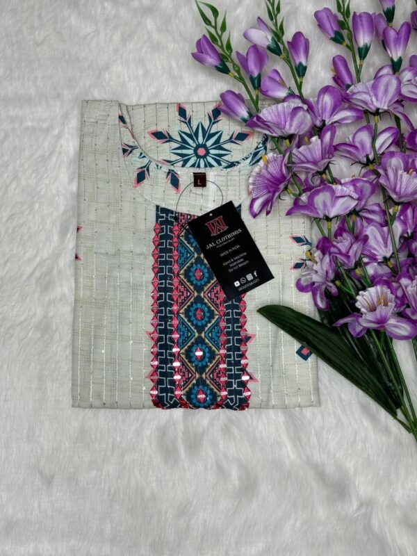 Image 2024-07-31 at 18.49.36 (18) Cotton Kurti with Digital Print, Sequin, and Mirror Work top view