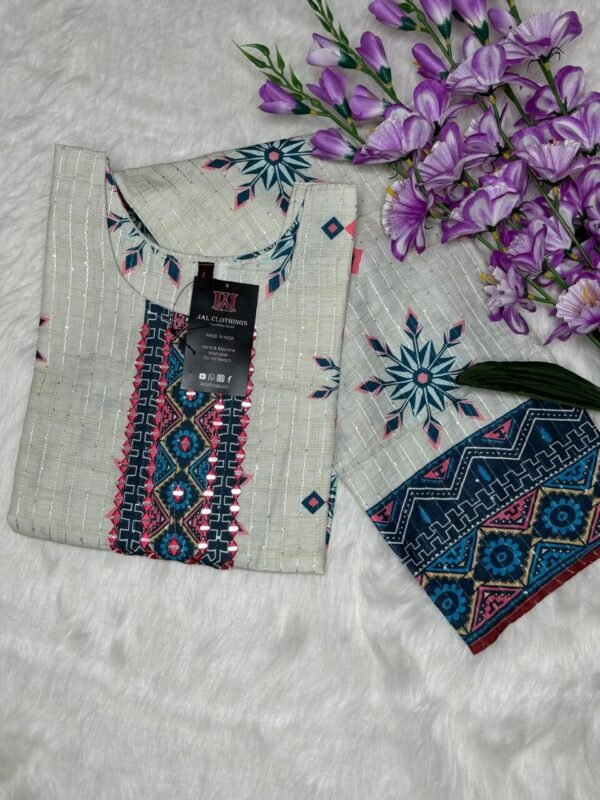 Cotton Kurti with Digital Print, Sequin, and Mirror Work showing border