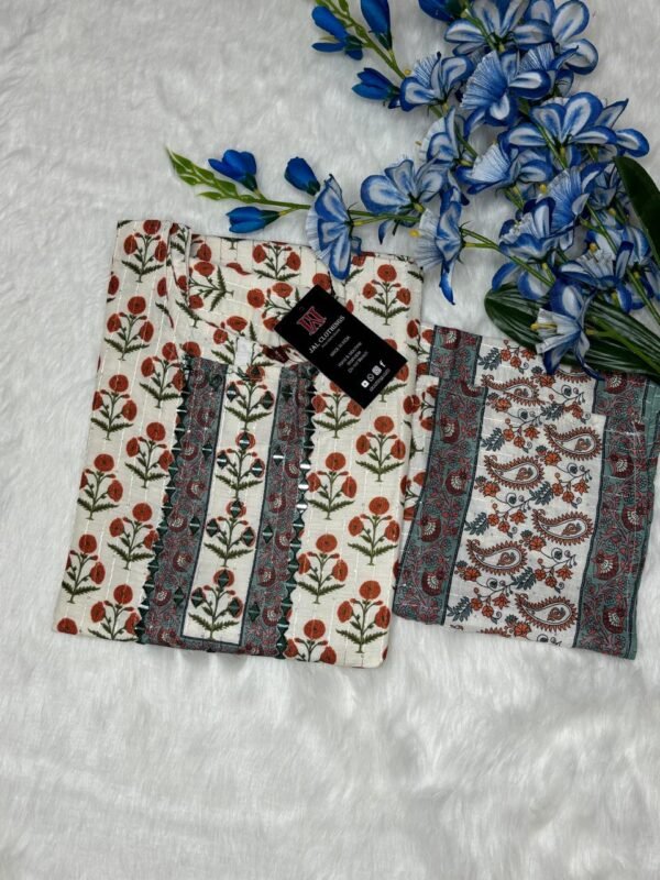 Cotton Kurti with Digital Flower Print, Sequin, and Mirror Work showing border