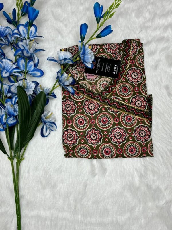 Jaipuri olive cotton printed design showing top view