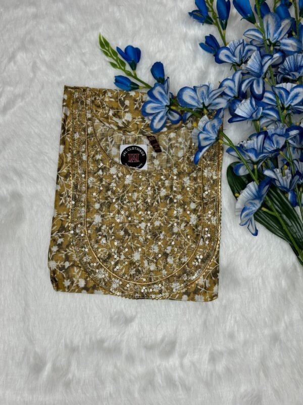 Cotton Kurti with Foil Print & Embroidered Sequence Work -yellow kurti top view