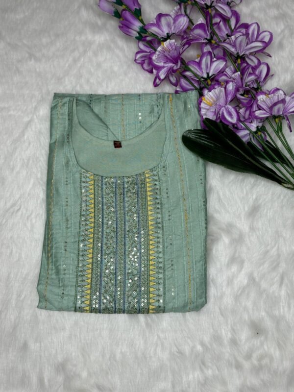 Roman Silk Kurti with Embroidered Sequence & Katha Work-Grey sea green