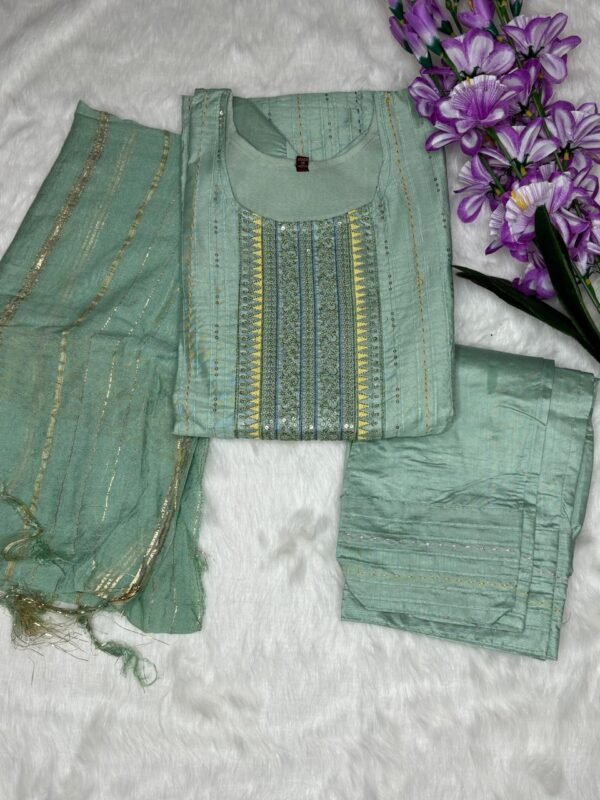 Roman Silk Kurti with Embroidered Sequence & Katha Work-Grey sea green top view
