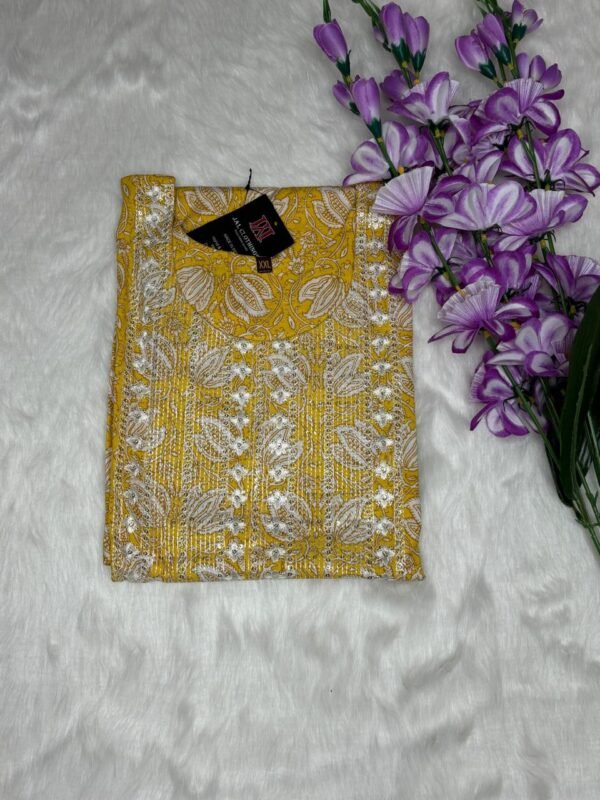 Image 2024-07-31 at 18.50.30 (2) Cotton yellow Kurti with Flower Pattern, Sequin Work, top view