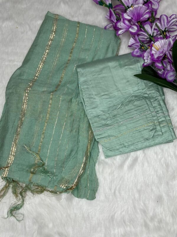 Roman Silk Kurti with Embroidered Sequence & Katha Work-Grey sea green with bottom and dupatta