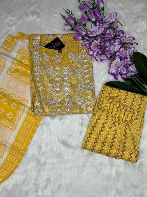 Image 2024-07-31 at 18.50.30 (3) Cotton yellow Kurti with Flower Pattern, Sequin Work, and Chiffon Dupatta and bottom