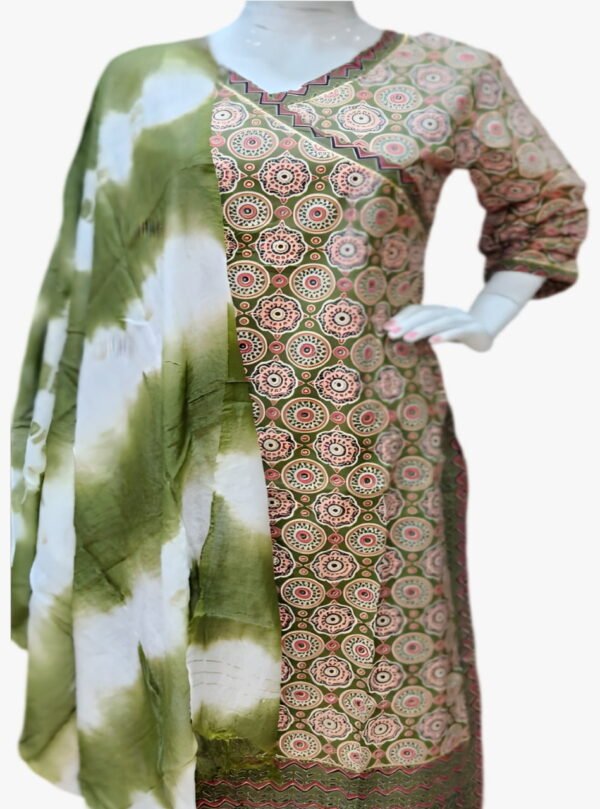 Image 2024-08-03 at 09.19.03 (3) model wearing Jaipuri olive cotton printed design