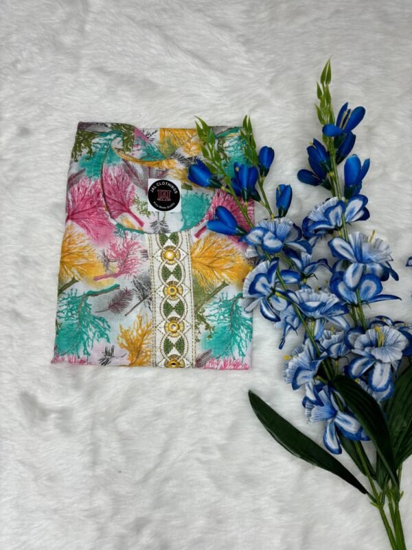 Cotton Kurti with Digital Print & Sequence Lace - Striped Bottom Included-top view