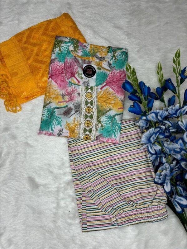 Cotton Kurti with Digital Print & Sequence Lace - Striped Bottom Included-Bottom and dupatta