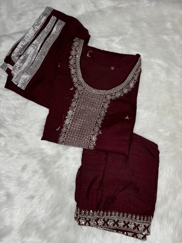Image 2024-10-09 at 12.07.10 (1) Roman Silk maroon Kurti Set with Sequence Thread Work top view