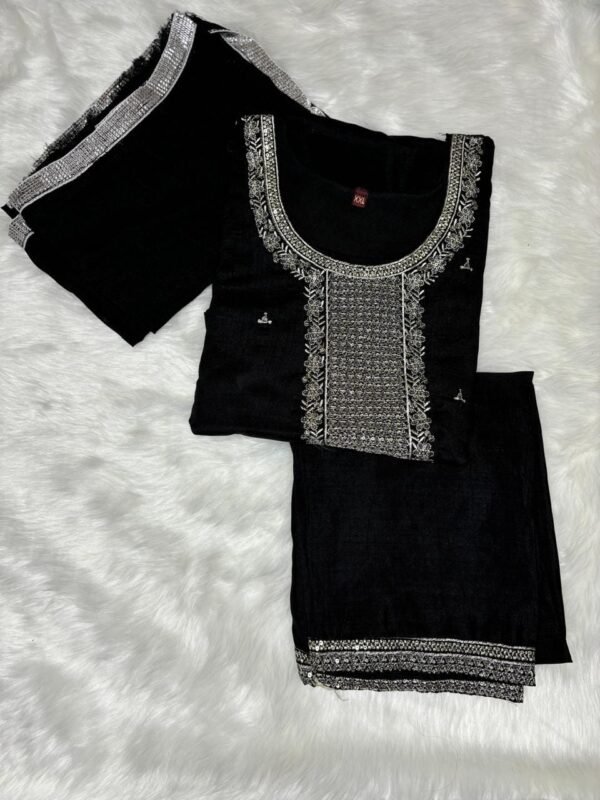 Image 2024-10-09 at 12.07.13 Roman Silk black Kurti Set with Sequence Thread Work top view