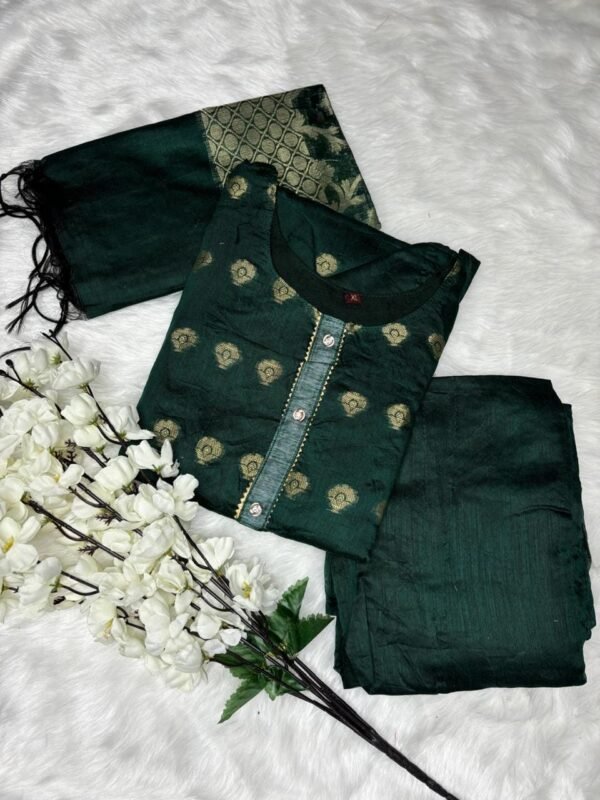 Image 2024-10-09 at 12.07.15 (13) Banarasi A-Line Geen Kurti Set – Floral Embroidery with Dupatta & Bottom top view