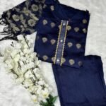 Banarasi A-Line blue Kurti Set – Floral Embroidery with Dupatta & Bottom top view