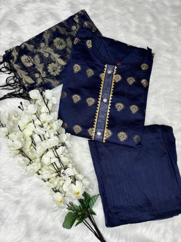 Image 2024-10-09 at 12.07.15 (19) Banarasi A-Line blue Kurti Set – Floral Embroidery with Dupatta & Bottom top view