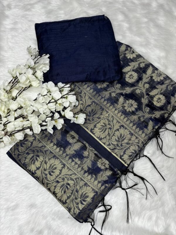 Banarasi A-Line blue Kurti Set – Floral Embroidery with Dupatta & Bottom