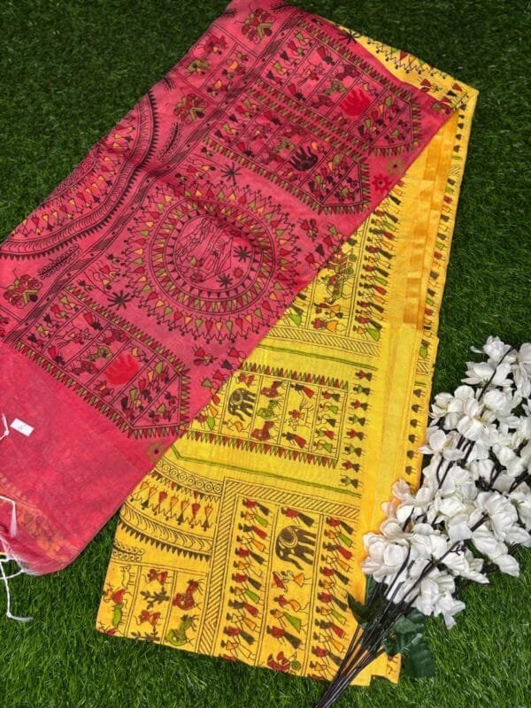 Khadi Print Madhubani yellow saree body part and pallu