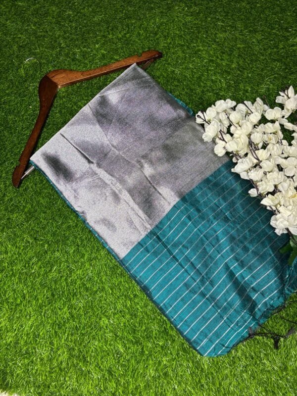 Image 2025-02-09 at 2.44.23 PM (10) Khadi Cotton blue Saree – Silver Stripes with Zari Border