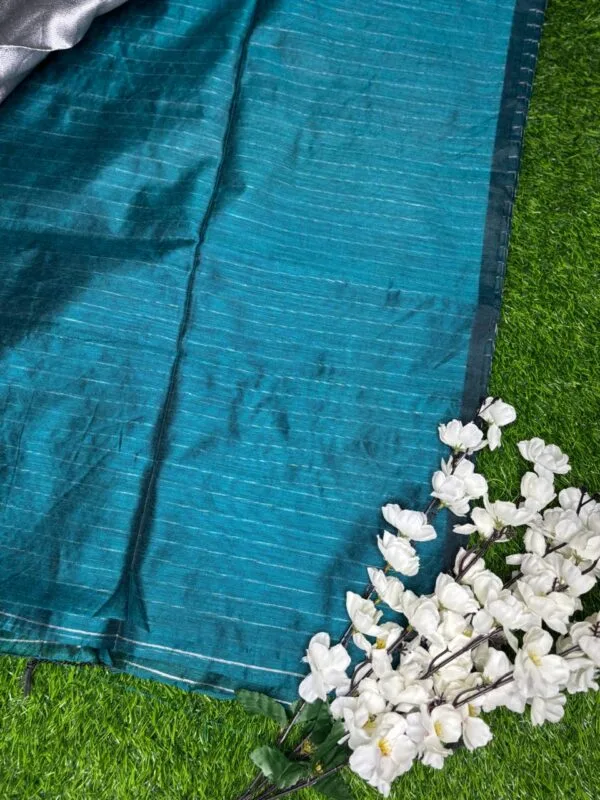 Khadi Cotton blue Saree – Silver Stripes with Zari Border blouse