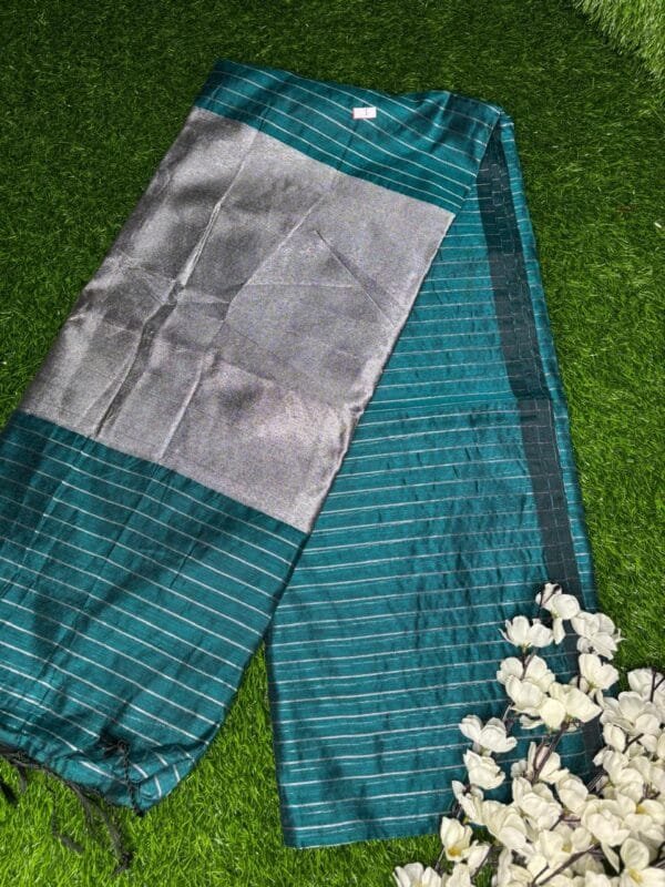 Khadi Cotton blue Saree – Silver Stripes with Zari Border full view