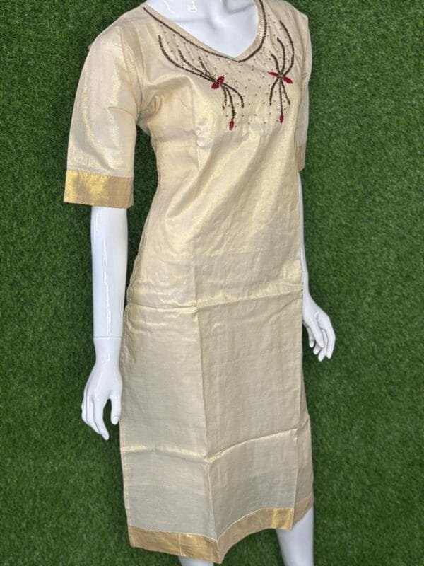 Tissue Kurti – Exquisite Aari Work Neck Design | Straight Fit side view